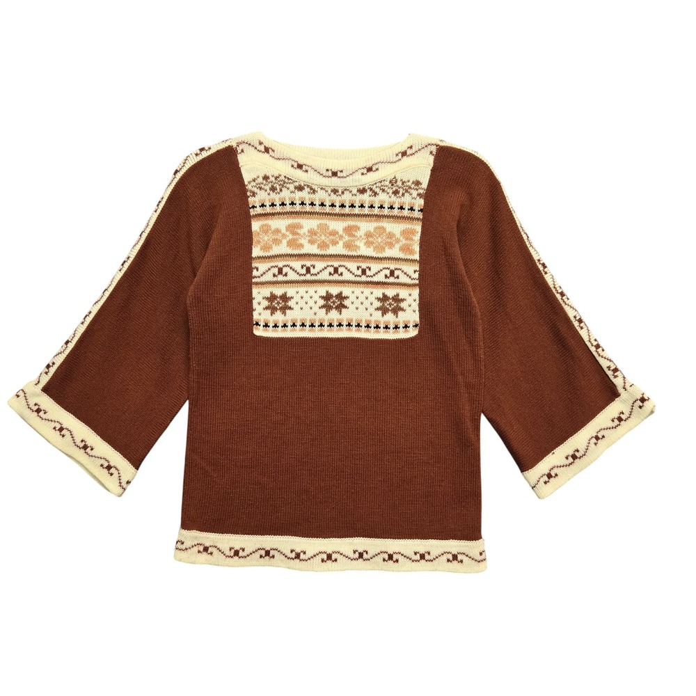Darn Knit Vintage Fair Isle Bib Sweater Medium Brown Bell Sleeve Retro Boho